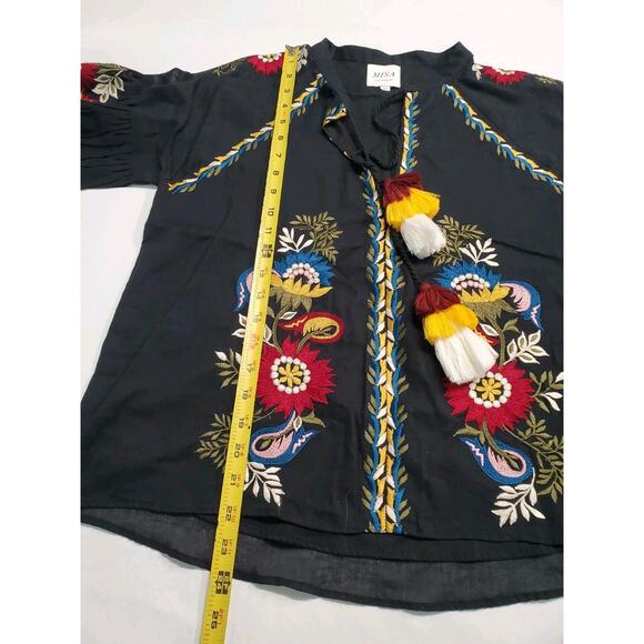 Misa Los Angeles Womens XS Embroidered Boho Peasant‎ Cotton Top Tassels Black - Picture 7 of 8